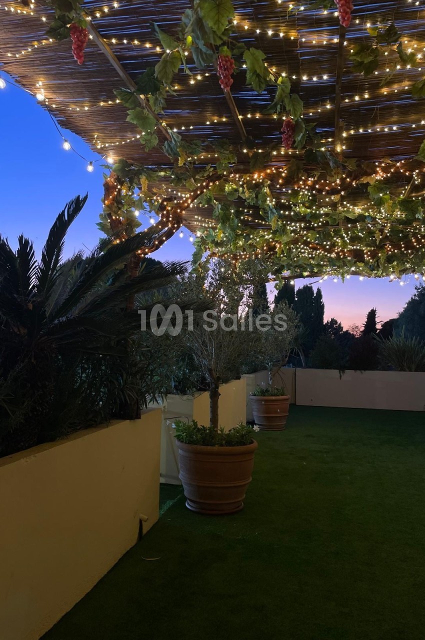 Pergola décorée de guirlandes lumineuses et de vignes avec vue sur un ciel au crépuscule, entourée de plantes en pots.