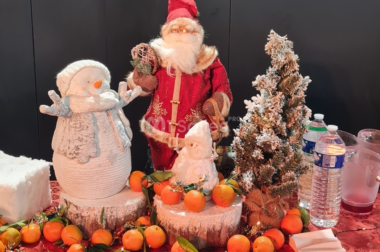 Décor de Noël avec figurines de Père Noël et bonhomme de neige, sapin enneigé, mandarines et bouteilles d'eau.