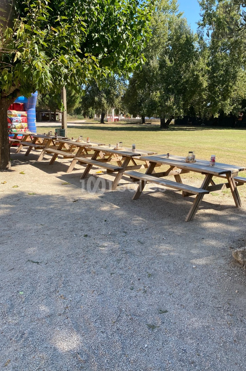 Tables de pique-nique en bois alignées sous des arbres dans un espace extérieur ensoleillé avec des jeux gonflables en…