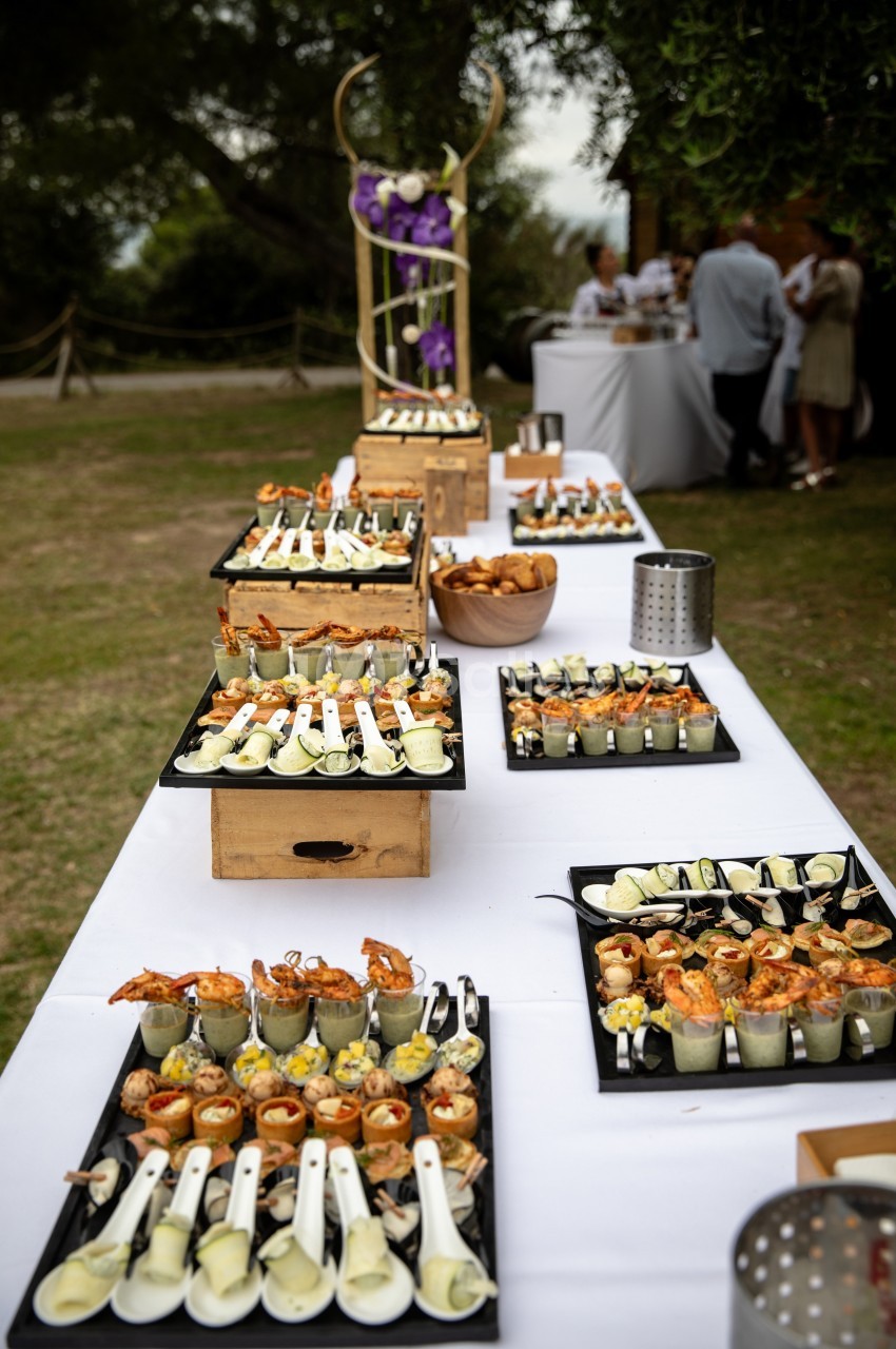 Buffet en plein air avec verrines, cuillères apéritives et amuse-bouches disposés sur une longue table blanche.