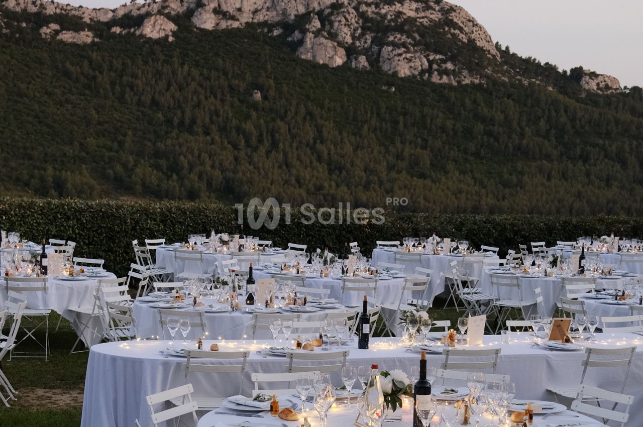 Tables rondes décorées pour un dîner en plein air, disposées sur une pelouse avec une montagne en arrière-plan.