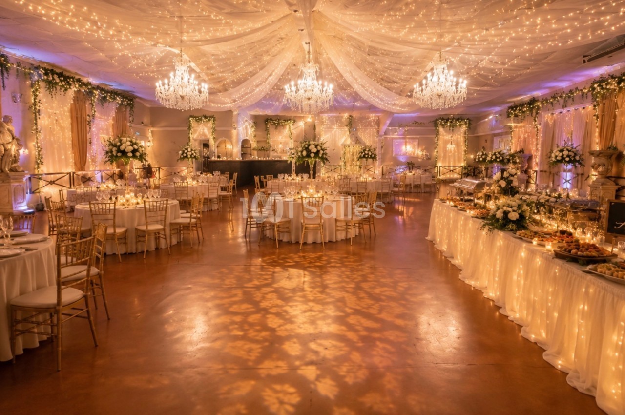 Salle de réception décorée avec des guirlandes lumineuses, chandeliers, tables dressées et buffet élégant.