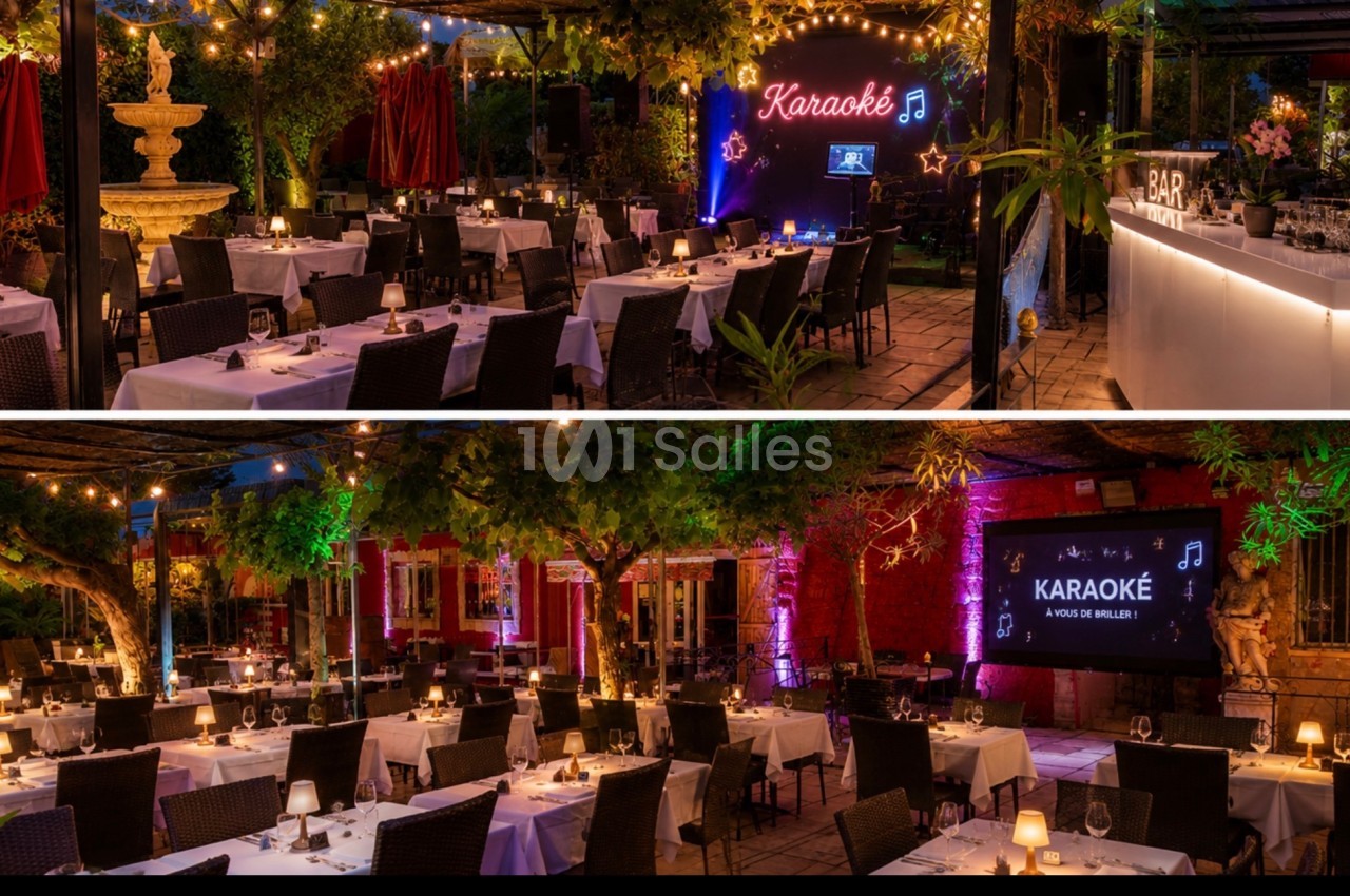 Terrasse de restaurant éclairée en soirée avec tables dressées, bar illuminé et écran affichant ’Karaoké’.