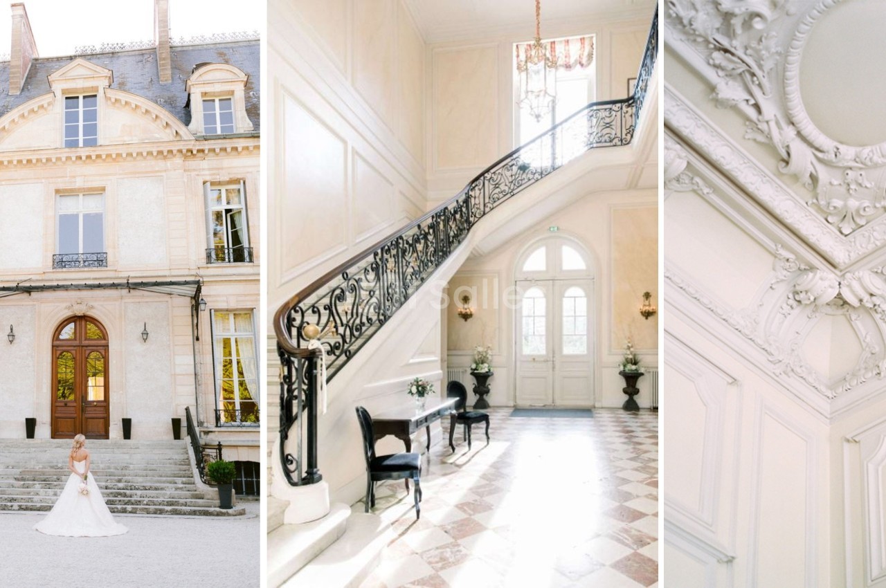 Photo d'un bâtiment élégant avec façade classique, escalier intérieur en fer forgé et détails de moulures décoratives.