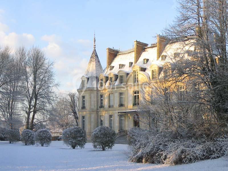 Manoir ancien entouré d'arbres et de buissons sous la neige, éclairé par une lumière hivernale douce.