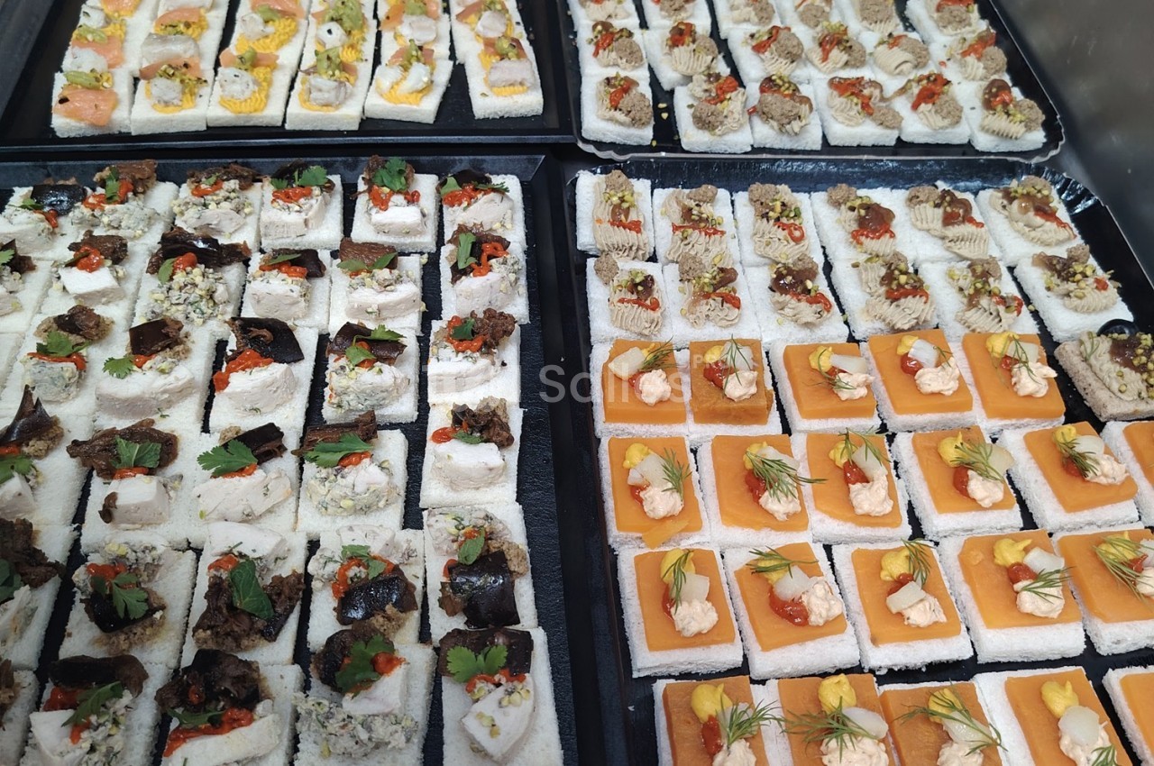 Plateaux de canapés variés avec garnitures colorées, disposés en rangées sur des tranches de pain blanc.
