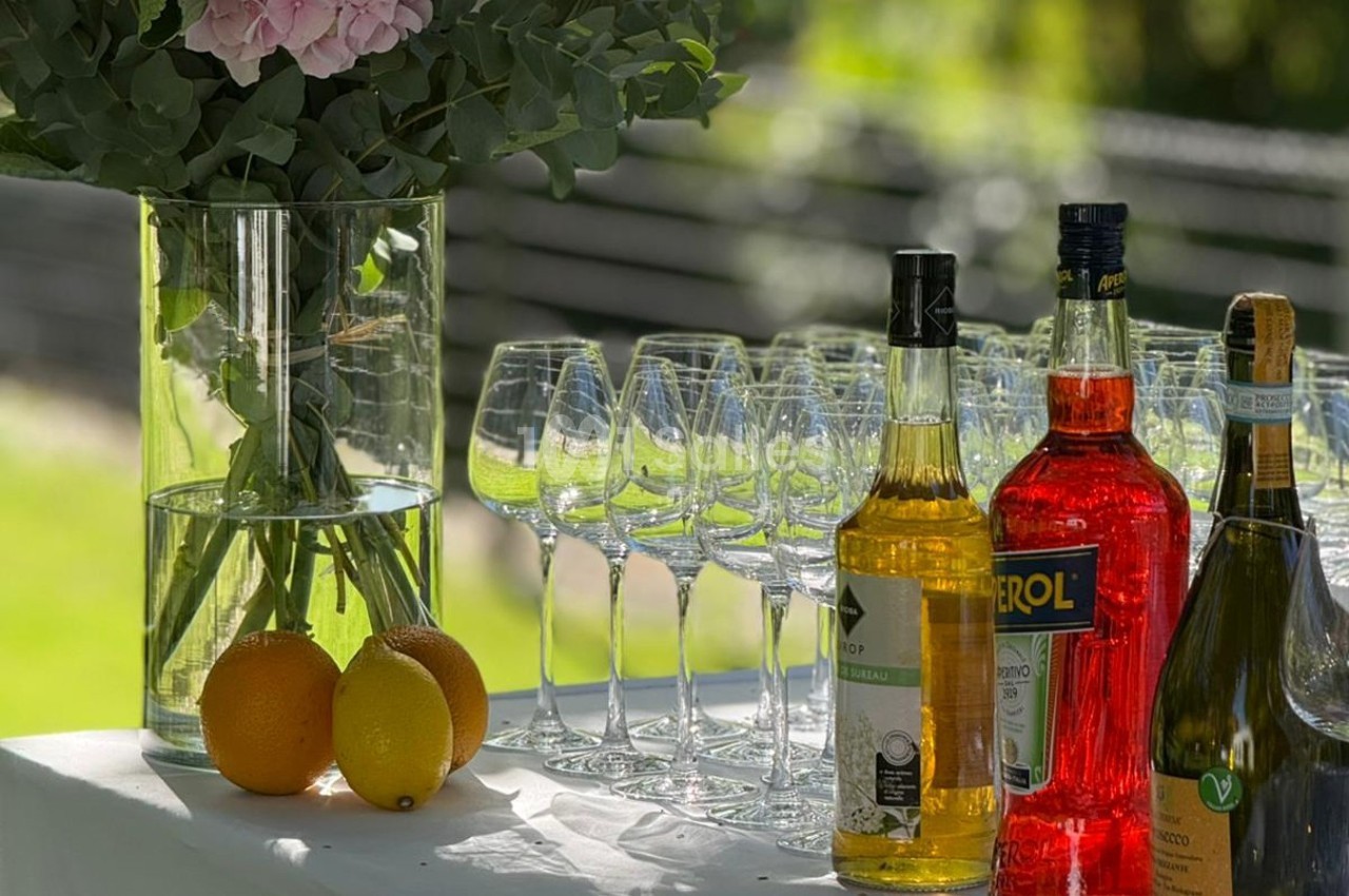 Vase avec fleurs, bouteilles d'alcool, verres à pied et citrons disposés sur une table en extérieur.