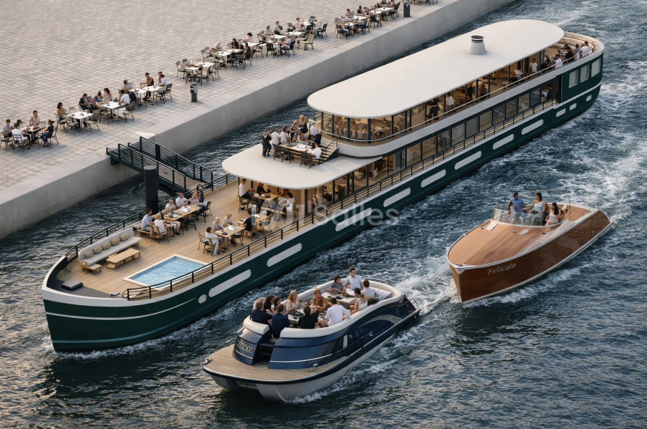 Bateau de croisière moderne naviguant sur un canal, accompagné de deux bateaux plus petits, près d'une terrasse animée.