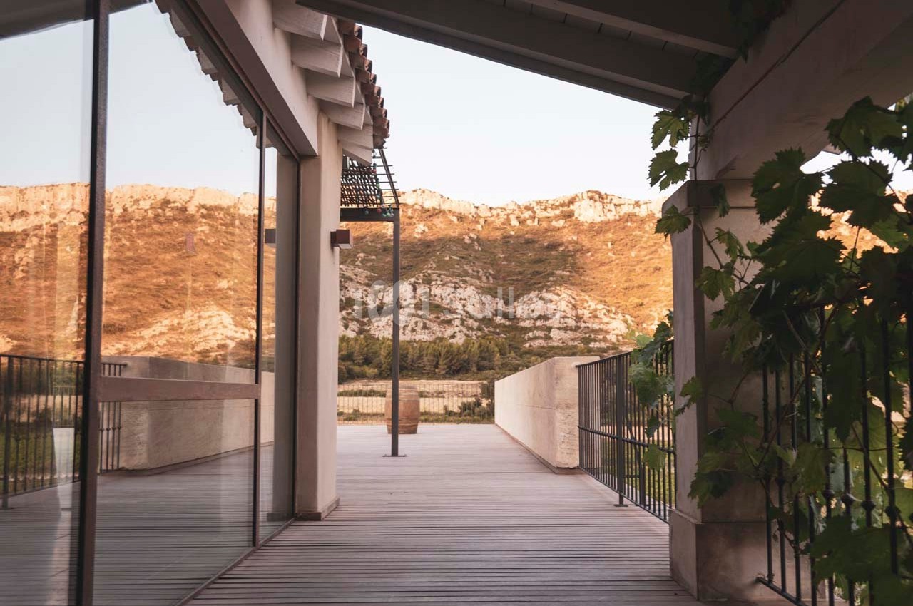 Vue d'une terrasse en bois avec des vignes grimpantes, donnant sur des collines rocheuses au coucher du soleil.
