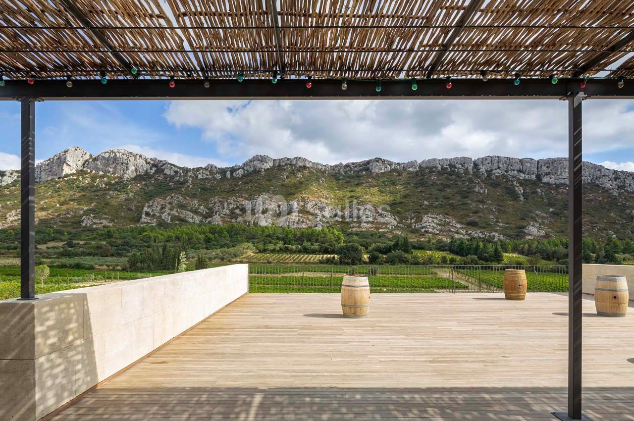 Terrasse en bois avec vue sur des vignobles, des collines rocheuses et un ciel partiellement nuageux.