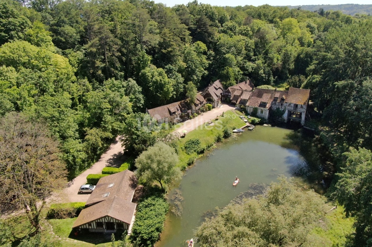 Vue aérienne d'un moulin et de maisons traditionnelles entourés de forêt, bordant un étang avec des canoës.