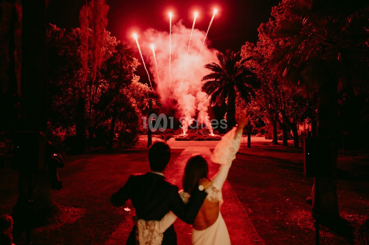 Un couple de dos regarde un feu d'artifice rouge éclatant dans un jardin la nuit.