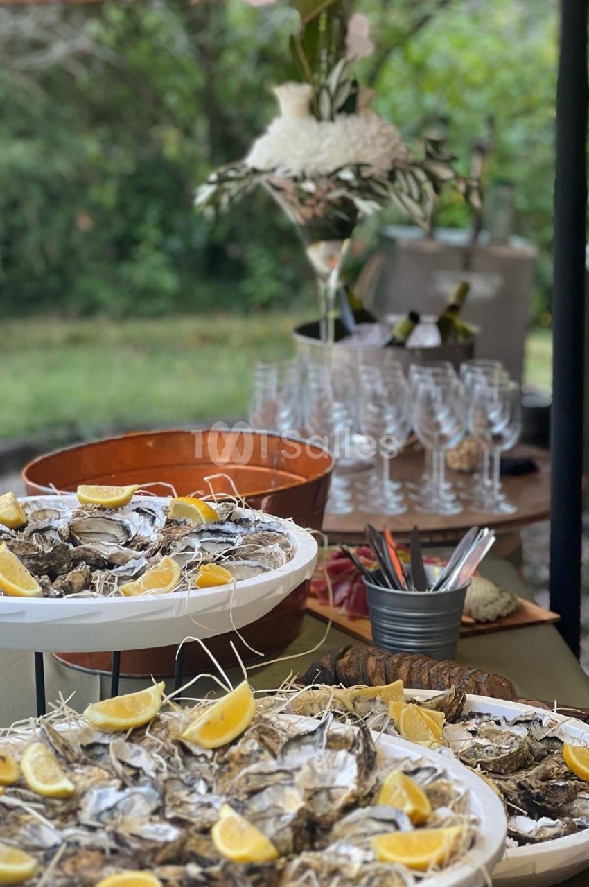 Plateaux d'huîtres garnis de quartiers de citron sur une table extérieure, avec verres et bouteilles en arrière-plan.