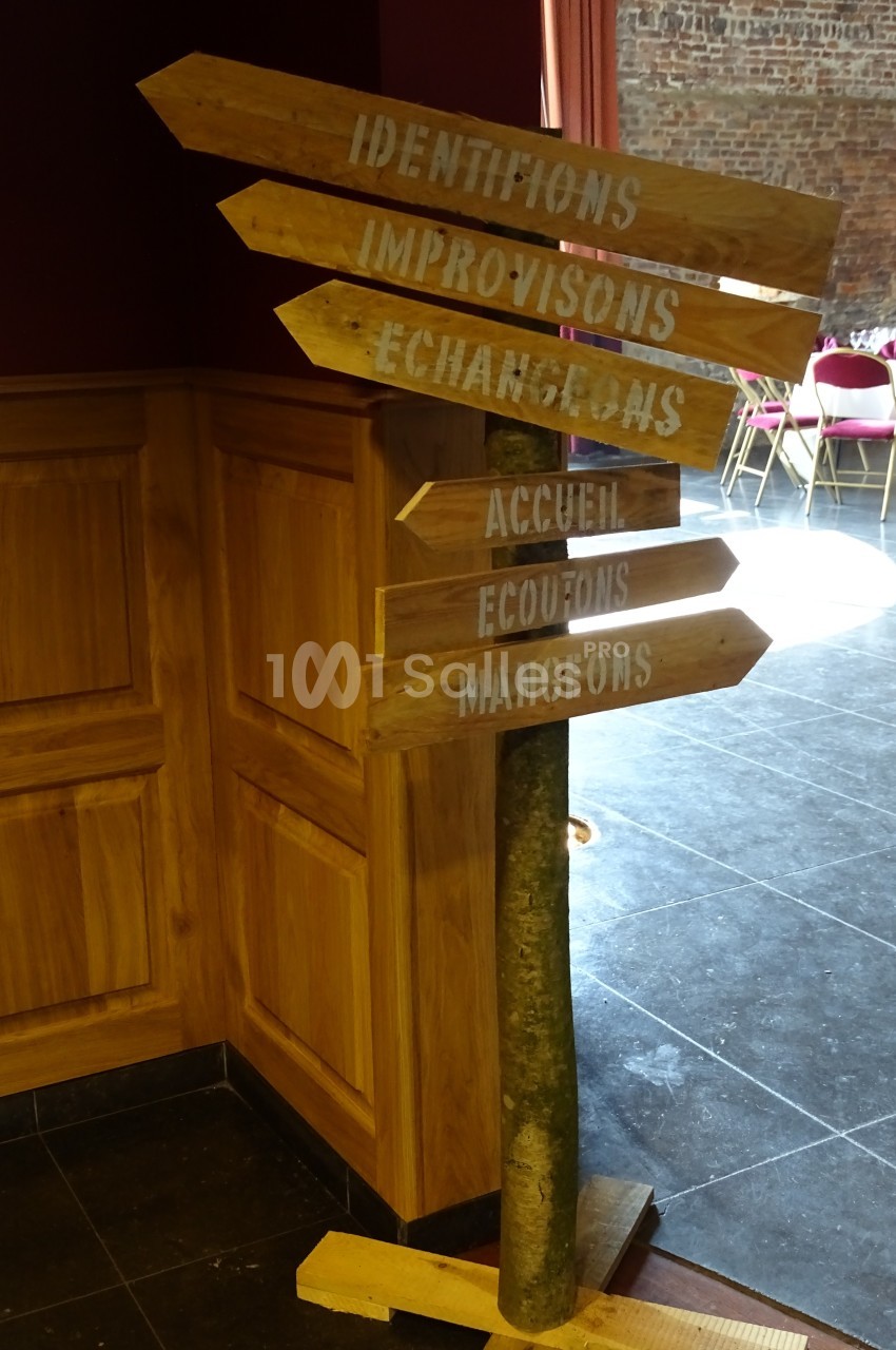 Panneau en bois avec des flèches indiquant des mots comme ’Identifions’, ’Improvisons’, ’Échangeons’, dans une salle.