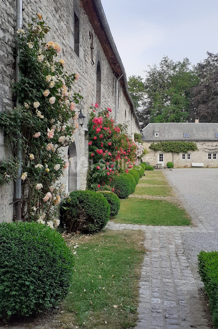 Façade en pierre d'un bâtiment ancien avec des rosiers grimpants, allée pavée et jardin soigné.