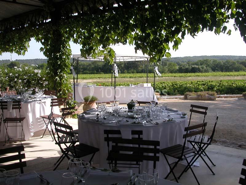Tables dressées pour un repas en extérieur sous une pergola, avec vue sur un paysage de vignobles et de verdure.