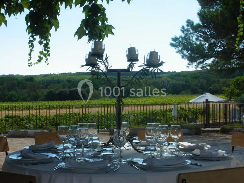 Table dressée en extérieur avec chandeliers, verres et assiettes, vue sur un paysage de vignobles et arbres.