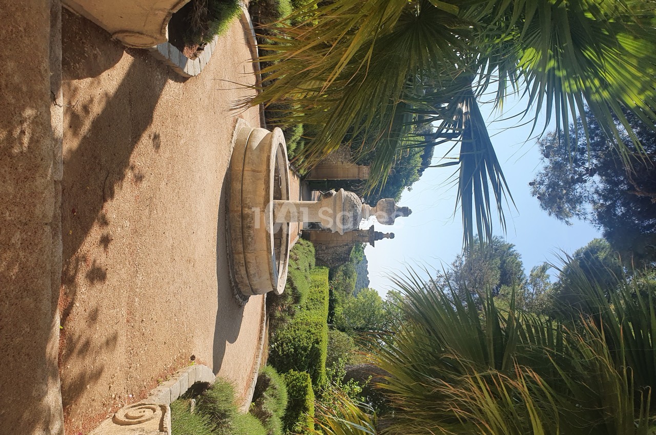 Fontaine en pierre entourée de végétation méditerranéenne dans un jardin ensoleillé avec des palmiers et des allées…