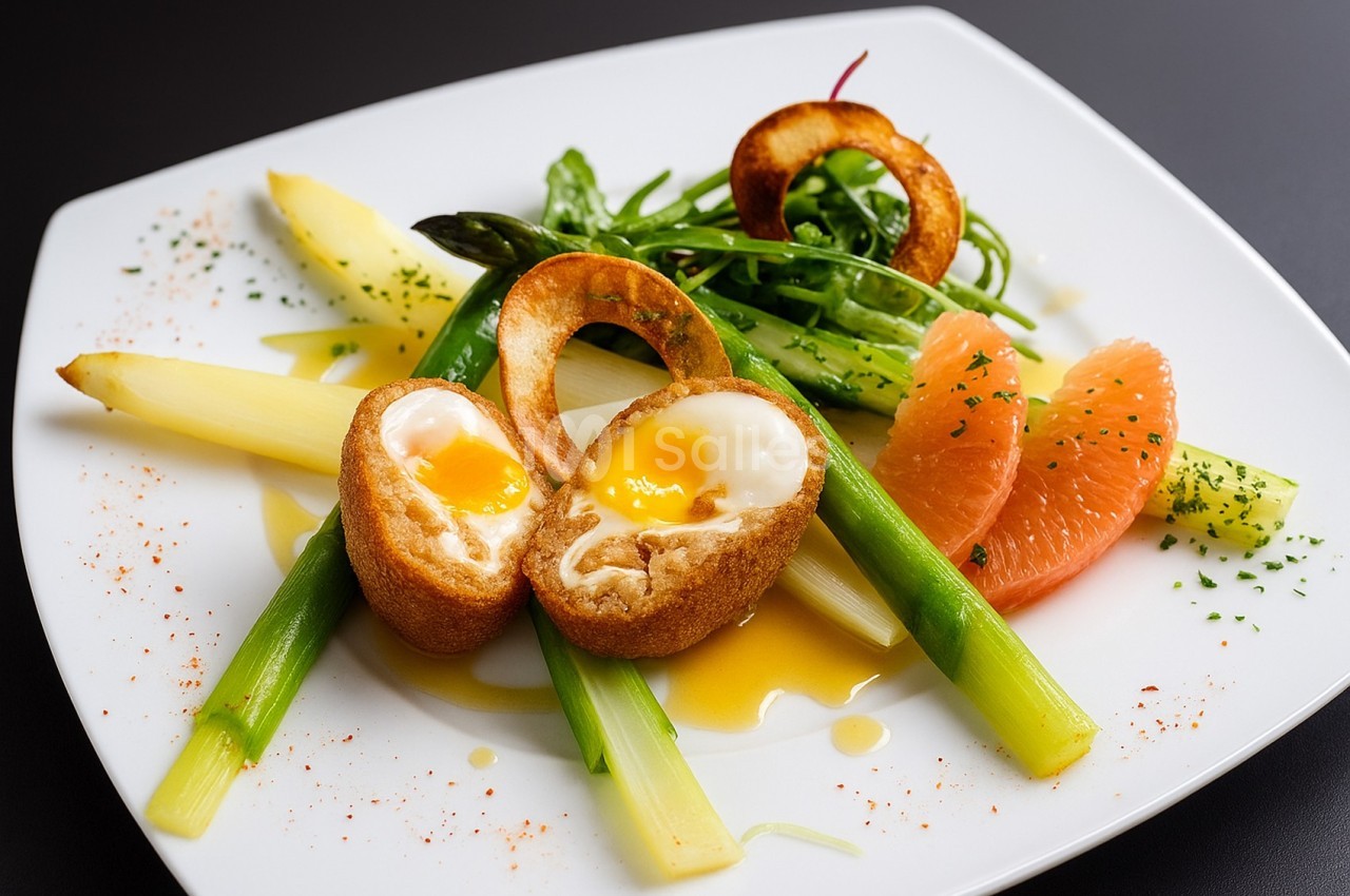 Assiette gastronomique avec œuf mollet frit, asperges, pamplemousse, salade verte et sauce, présentée sur fond sombre.