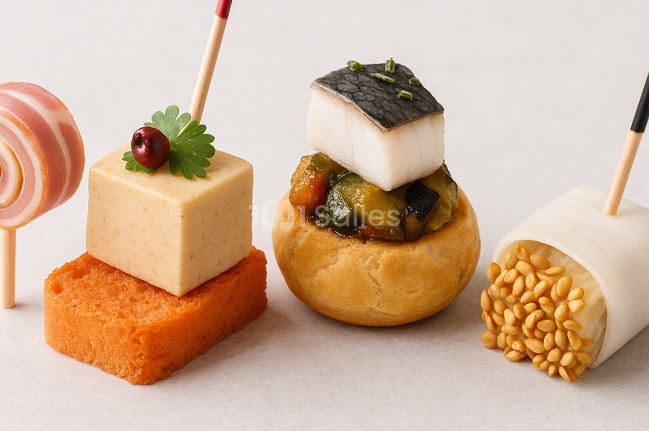 Assortiment de bouchées apéritives raffinées, comprenant légumes, poisson, mousse et garnitures variées.