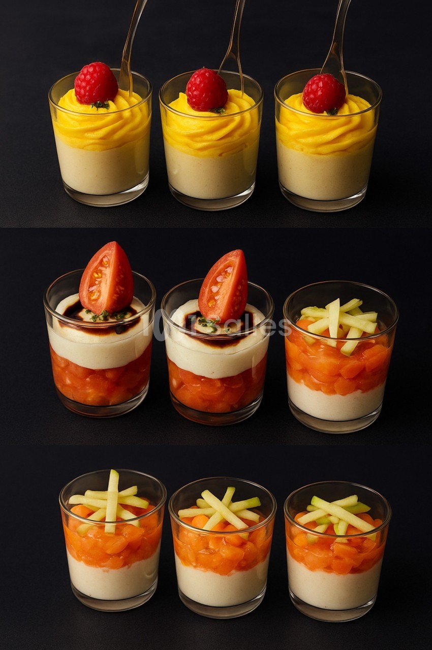 Trois rangées de verrines : mousse jaune avec framboise, légumes et tomate, tartare de saumon avec bâtonnets de pomme.