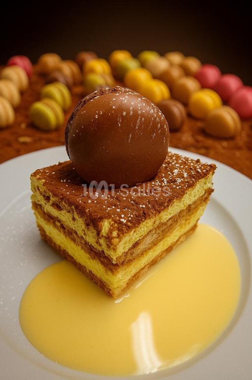 Part de gâteau à étages nappée de crème anglaise, surmontée d'un macaron au chocolat, avec des macarons en arrière-plan.