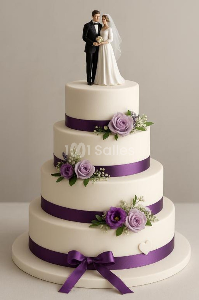 Gâteau de mariage à quatre étages décoré de rubans violets, fleurs mauves et figurines de mariés au sommet.