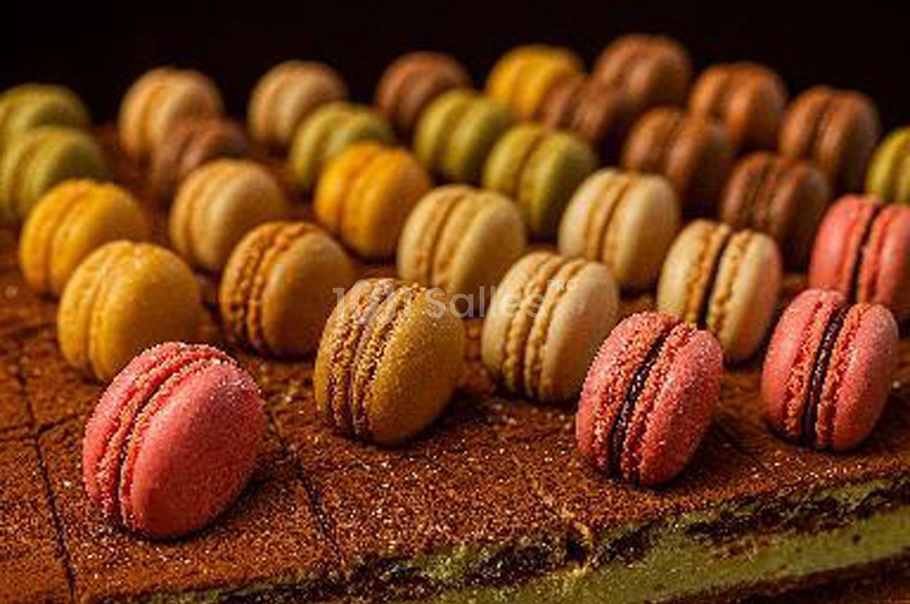 Assortiment de macarons colorés disposés en rangées sur un fond de gâteau au chocolat.