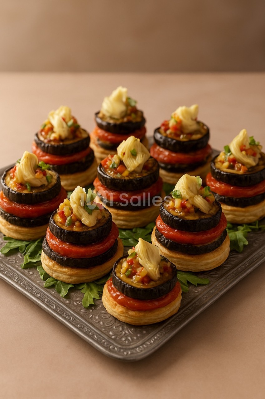Plateau de bouchées feuilletées garnies de légumes grillés, artichauts et herbes, présenté sur un fond neutre.