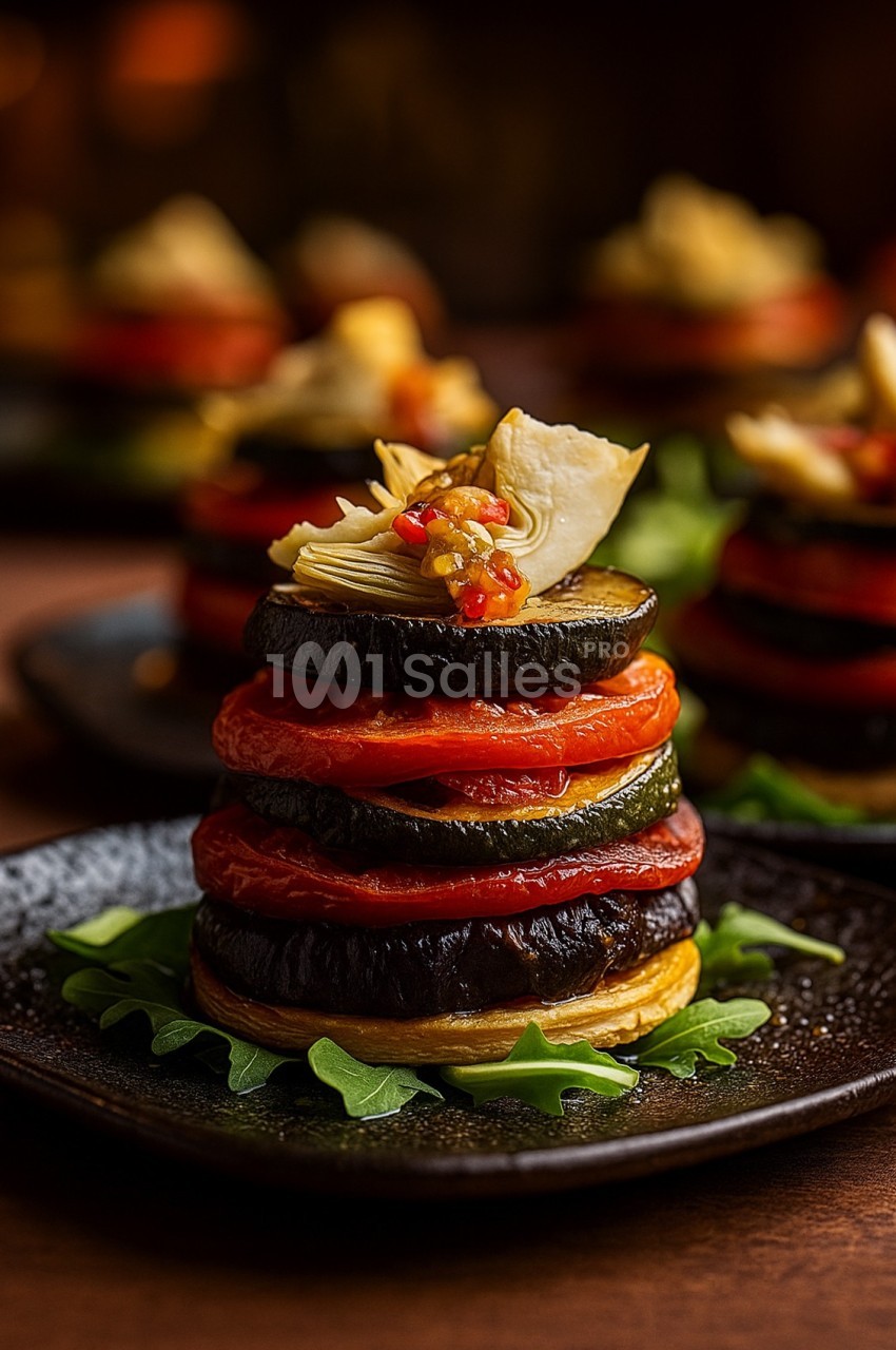 Tour de légumes grillés empilés sur un lit de roquette, garnie de morceaux d'artichaut et de piment.