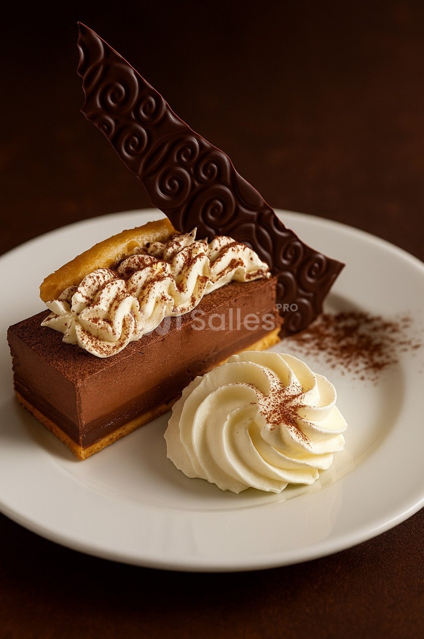 Part de gâteau au chocolat surmontée de chantilly et décorée d'une plaque en chocolat, servie avec une rosette de crème.