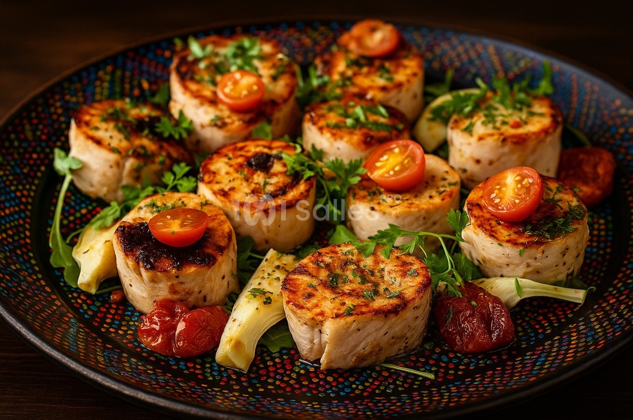 Assiette de médaillons de poisson grillés garnis de tomates cerises, herbes fraîches et accompagnés de légumes rôtis.