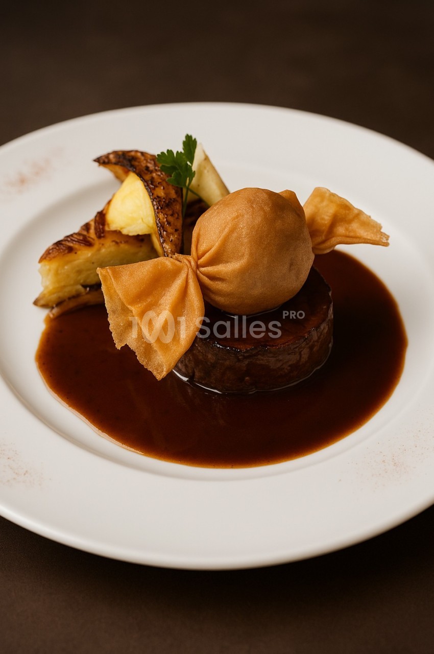 Plat gastronomique composé d'une pièce de viande nappée de sauce, accompagnée de garnitures et d'une décoration soignée.