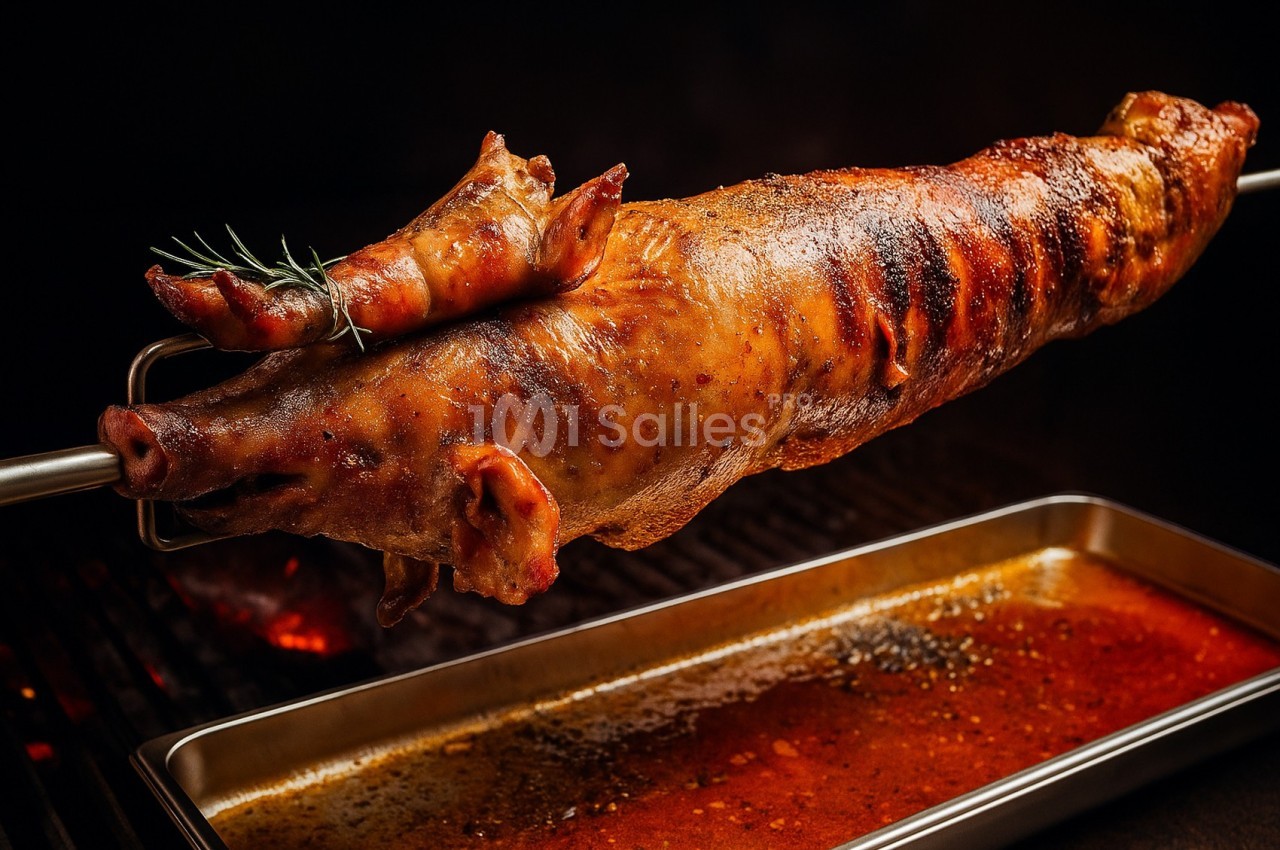 Cochon de lait rôti sur une broche au-dessus d'un plat recueillant les jus de cuisson, avec une branche de romarin.