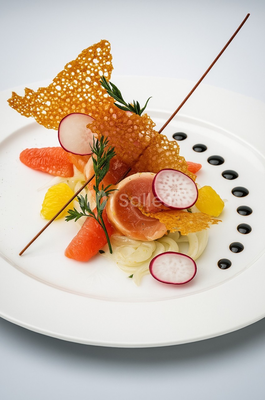 Assiette gastronomique avec tranches de poisson, agrumes, radis, croustillant décoratif et points de sauce balsamique.