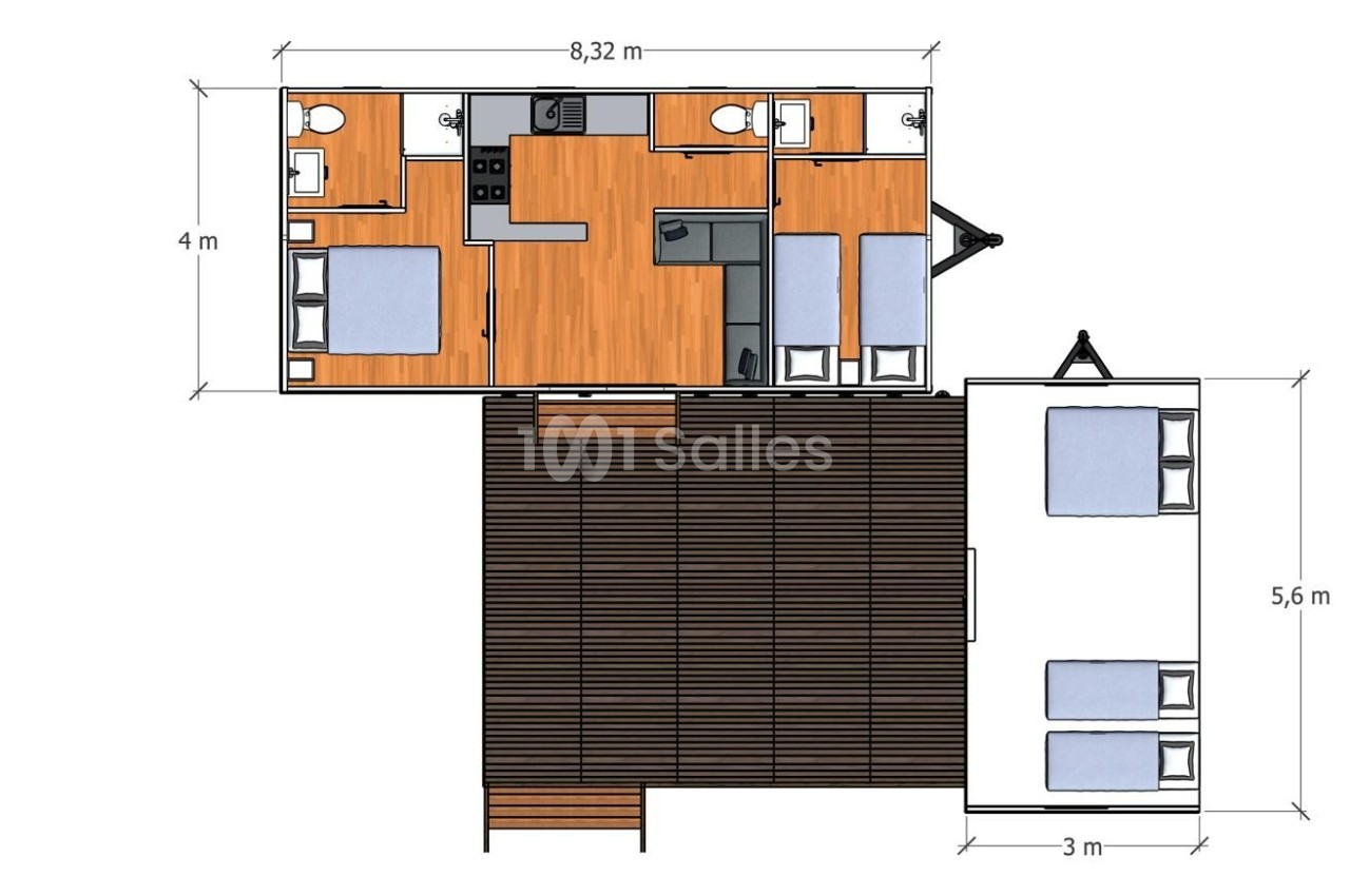 Plan d'un logement avec deux chambres, une cuisine, une salle de bain et une terrasse en bois avec dimensions indiquées.