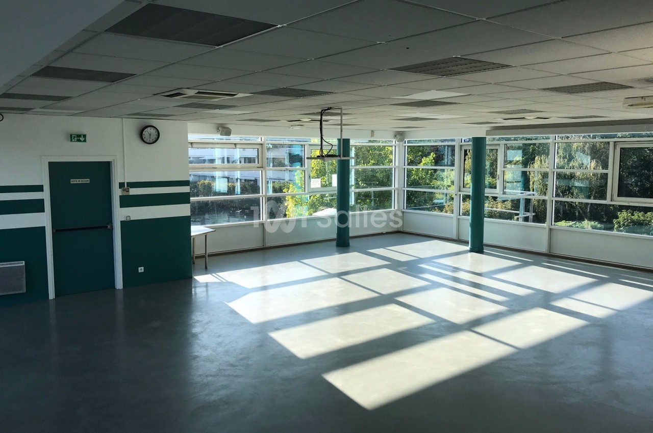 Salle lumineuse vide avec de grandes fenêtres laissant entrer la lumière naturelle, murs blancs et verts.