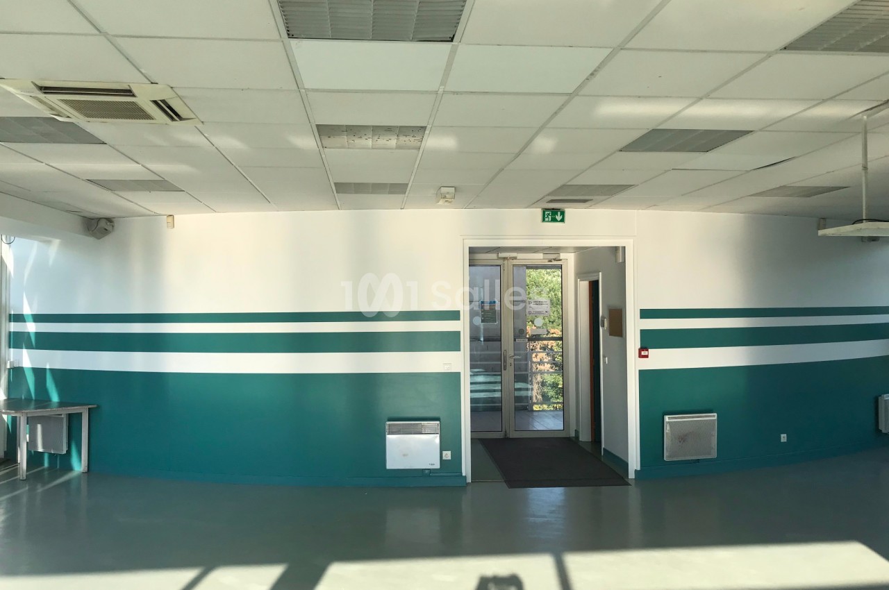 Salle lumineuse avec murs blancs et verts, plafond à dalles, porte vitrée au fond et lumière naturelle entrant par les…