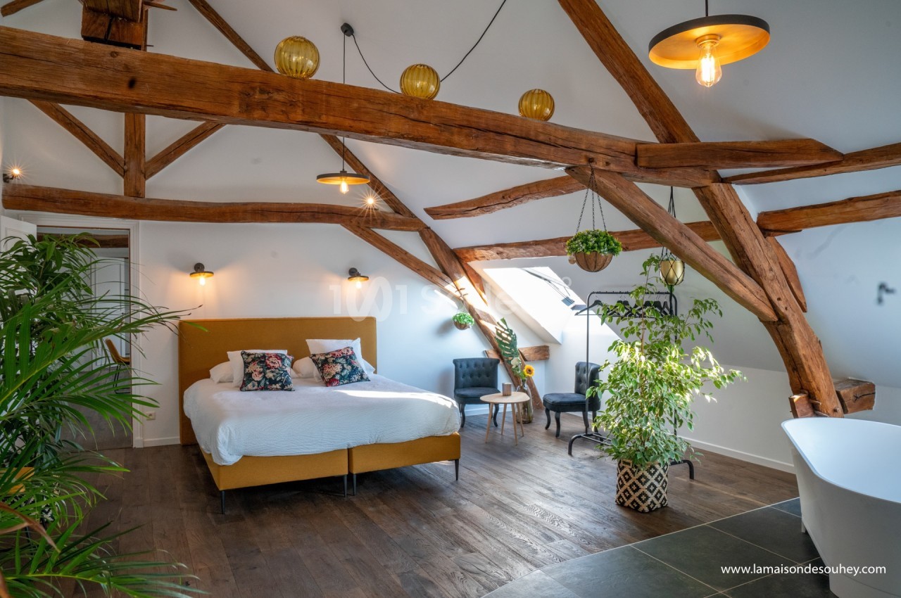 Chambre mansardée avec poutres apparentes, lit double, plantes, fauteuils et baignoire sous un éclairage chaleureux.