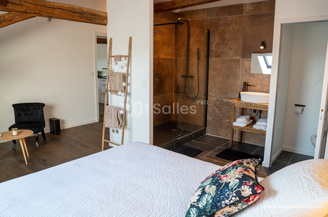 Chambre lumineuse avec lit double, coin salon, salle de bain ouverte avec douche à l'italienne et lavabo moderne.