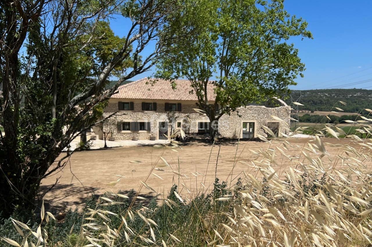 Maison en pierre entourée de végétation, avec un grand arbre à l'avant, sous un ciel bleu clair.