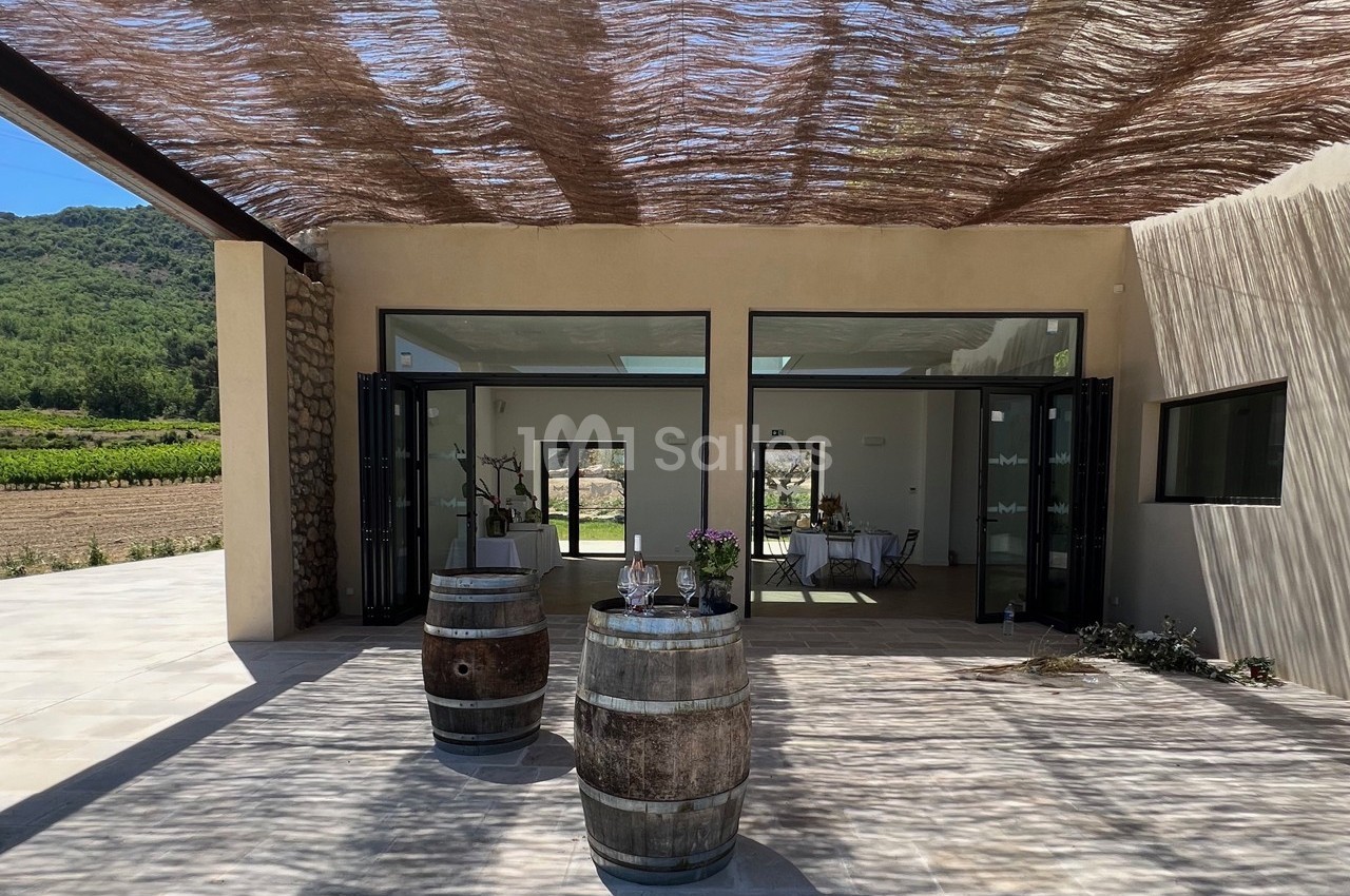 Terrasse ombragée avec deux tonneaux en bois, vue sur une salle vitrée et un paysage de vignobles en arrière-plan.