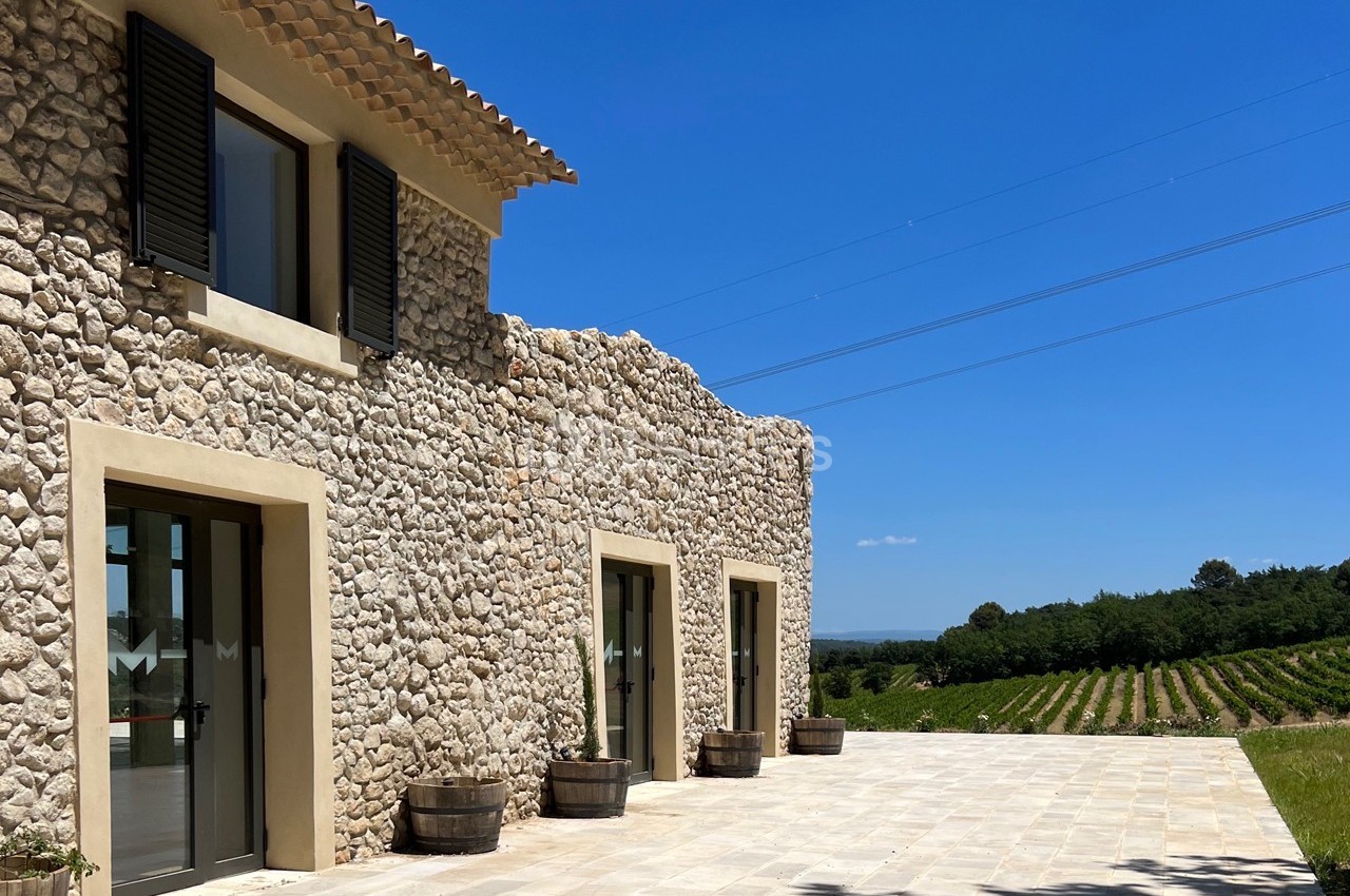 Façade en pierre d'une maison avec terrasse ensoleillée, entourée de vignes et d'un ciel bleu dégagé.