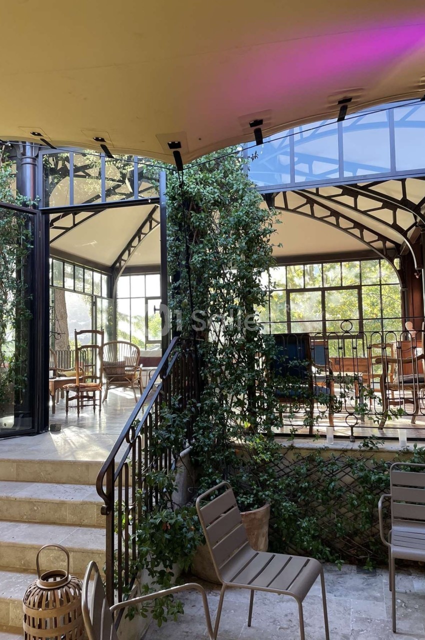 Intérieur lumineux avec verrière, plantes grimpantes, mobilier en bois et métal, et escalier menant à une terrasse.