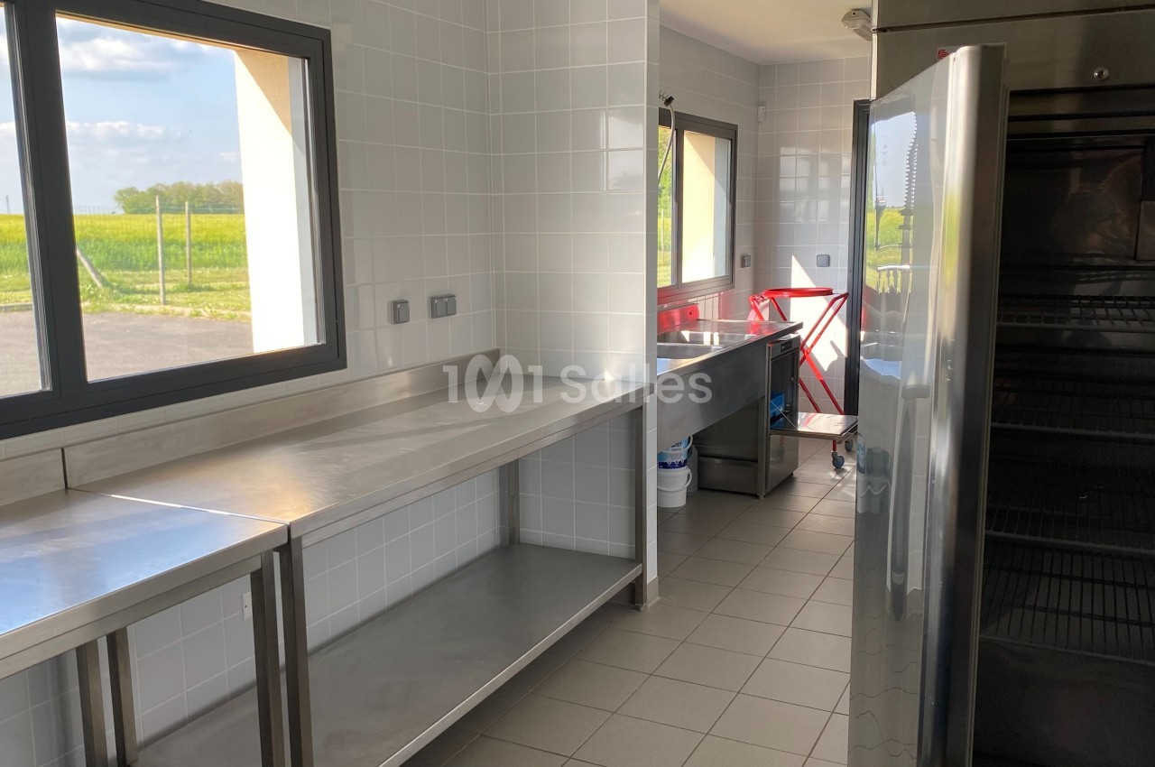 Cuisine professionnelle lumineuse avec plans de travail en inox, carrelage blanc et vue sur un champ à travers les fenêtres.
