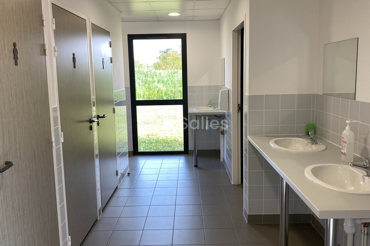 Vue d'un espace sanitaire avec lavabos, miroirs, cabines fermées et une fenêtre donnant sur un extérieur verdoyant.