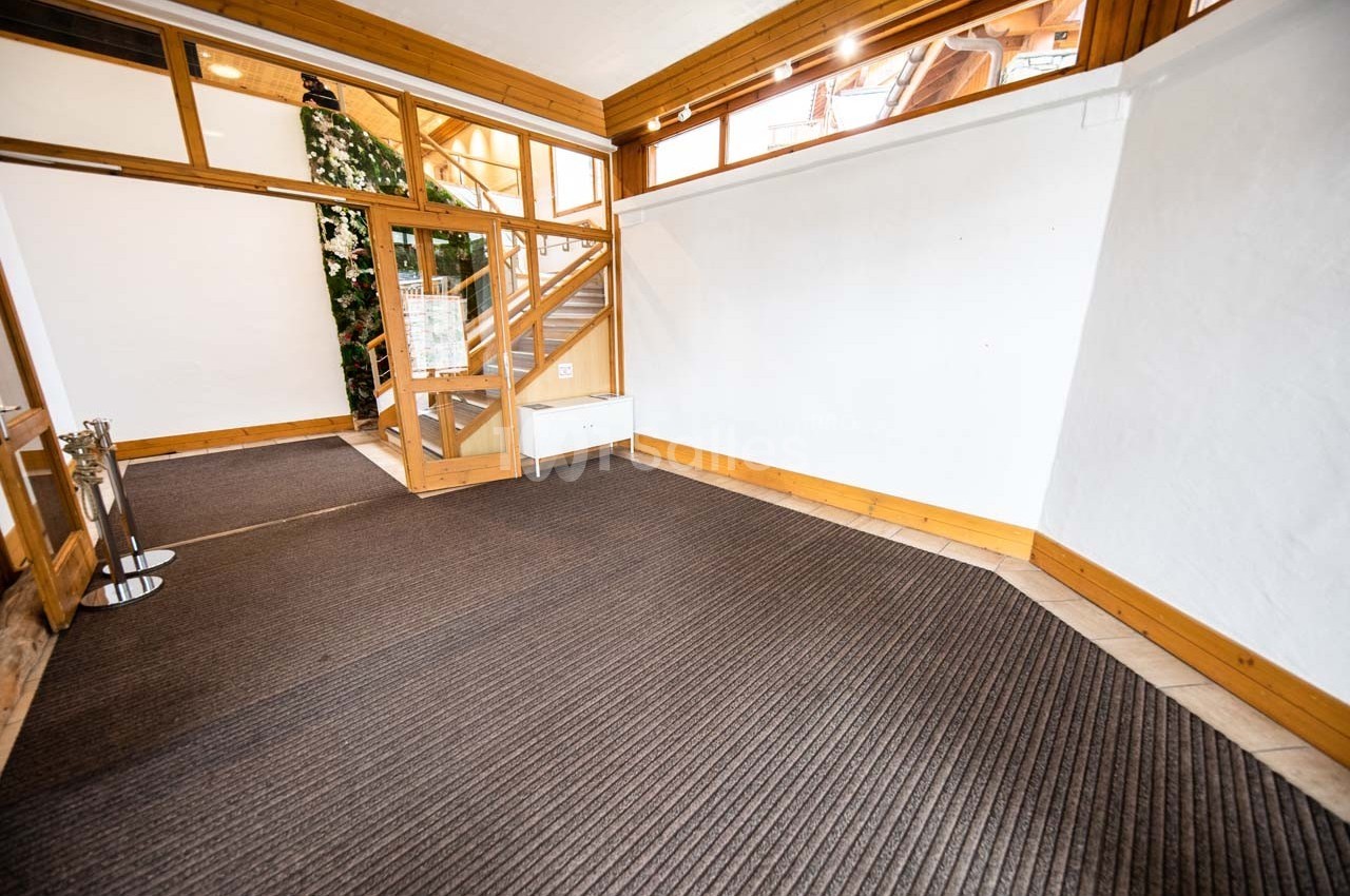 Entrée lumineuse avec tapis foncé, murs blancs, escalier en bois et plantes visibles à travers une cloison vitrée.
