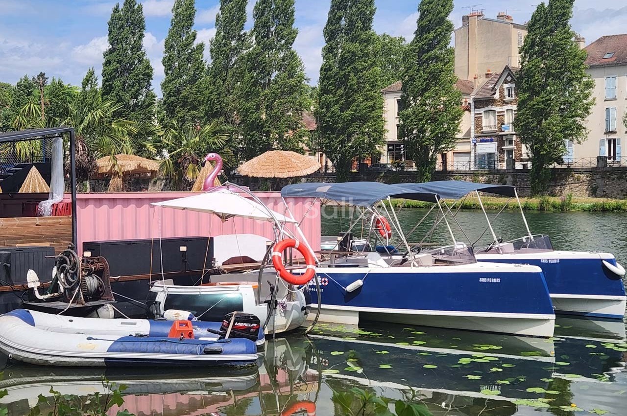 Bateaux amarrés sur un canal bordé d'arbres et de bâtiments, avec des nénuphars flottant à la surface de l'eau.