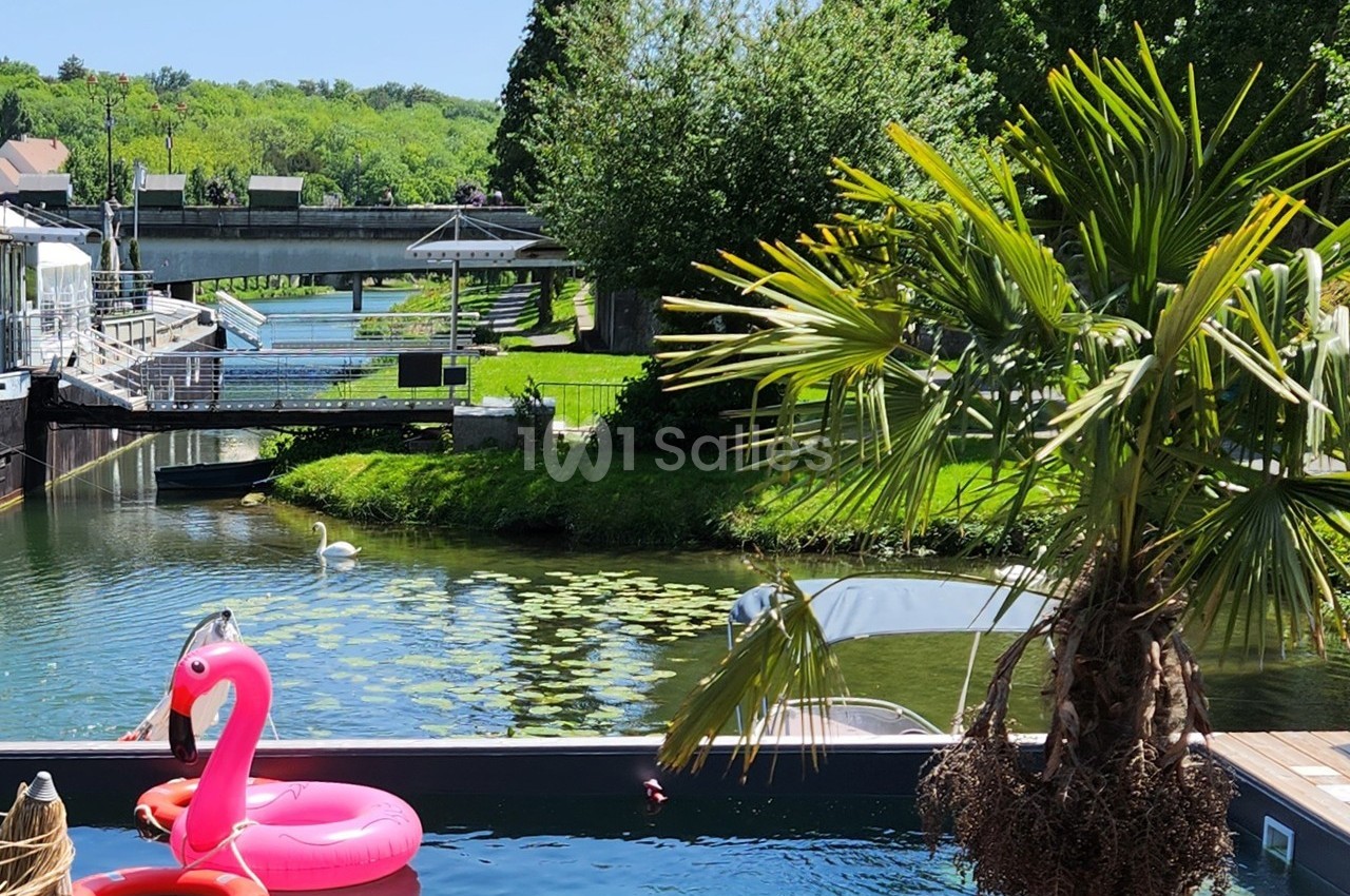 Piscine avec une bouée flamant rose, bordée de végétation et donnant sur un canal avec un cygne au loin.