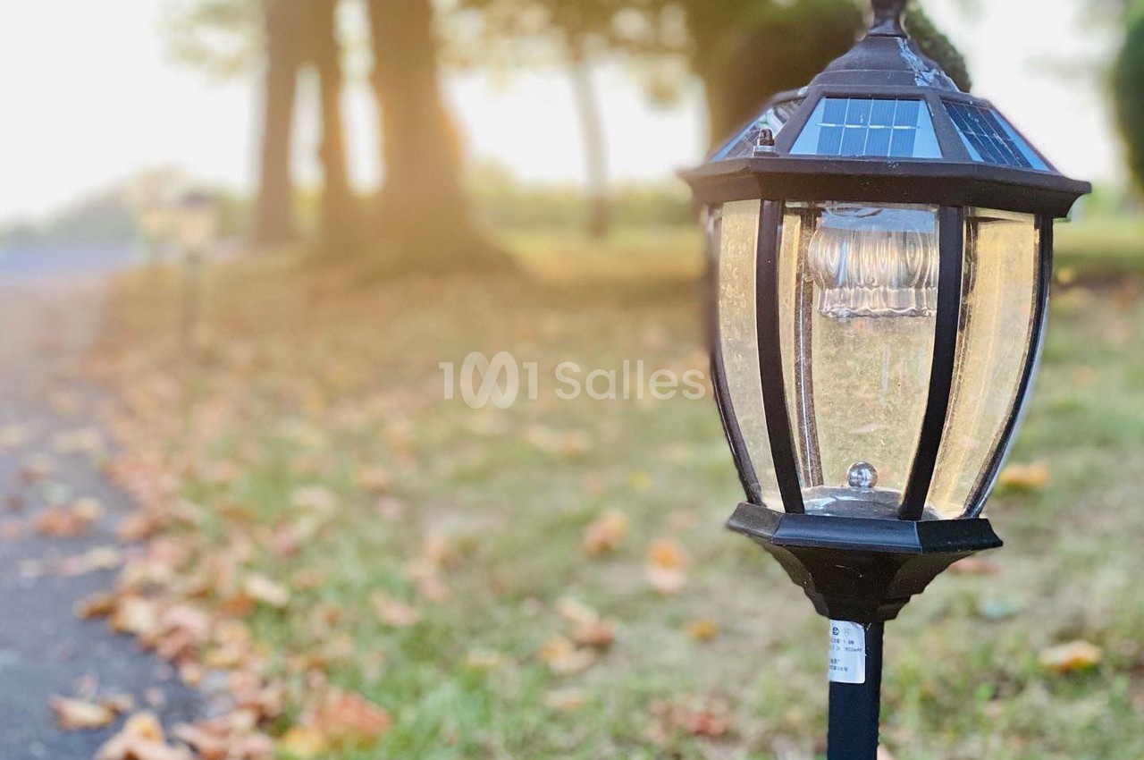 Lampe solaire de jardin en gros plan, éclairant un chemin bordé de feuilles mortes dans un parc au coucher du soleil.